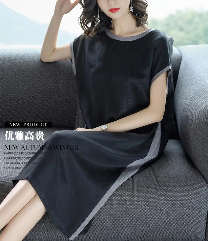 2018 Summer New Style Simple Fashion  Stripes Soft 100% Real Silk Straight Dress Female Casual Loose Short Sleeve Dress