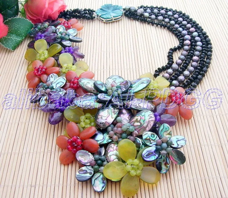 

Pearl Amethy Jad Paua Abalone Shell Statement Necklace