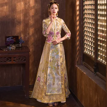 

Gold Noble Royal Banquet Cheongsam Suit Chinese Women Rhinestone Phoenix Wedding Dress High Quality Handmade Embroidery Qipao