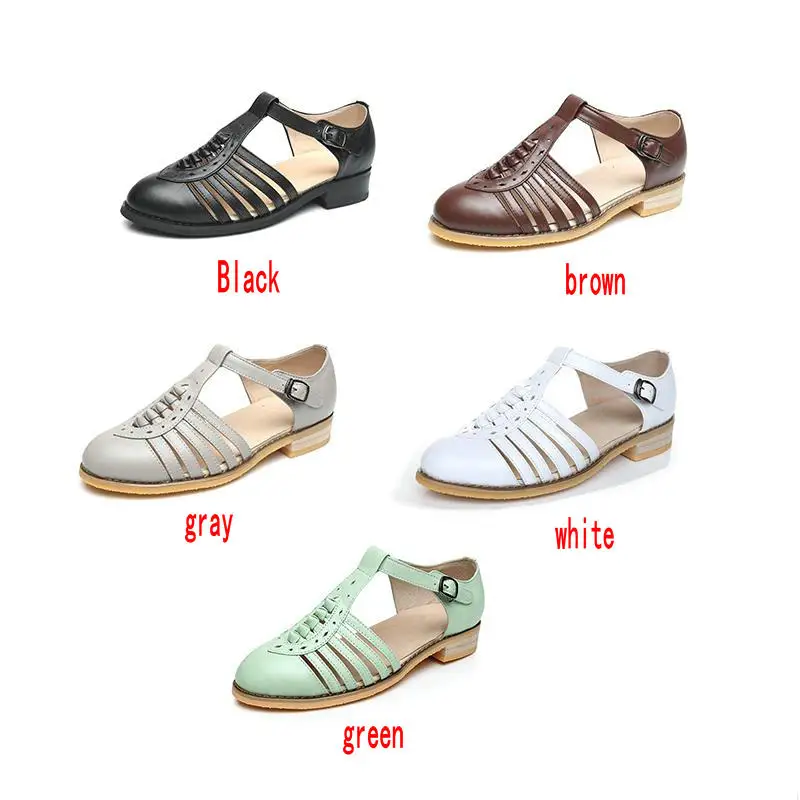 

100% Genuine cow leather lady Sandals flats shoes designer vintage handmade oxford shoes for women 2019 black grey white shoes