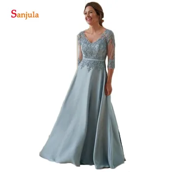 

2019 V Neck Mother Of The Bride Dresses Chiffon Appliques Lace 3/4 Sleeve A Line Wedding Guest Dress Plus Size Evening Gown D902