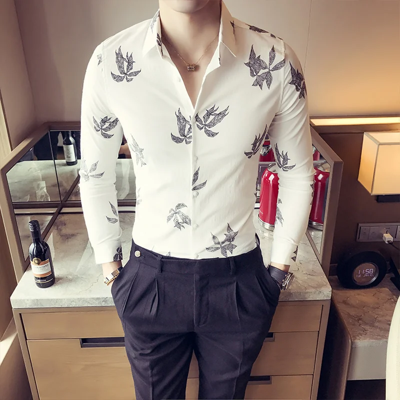 

High Quality Shirt Men 2019 Spring New Maple Leaf Print Business Dress Shirts Mens Long Sleeve Simple Casual Social Shirt Man