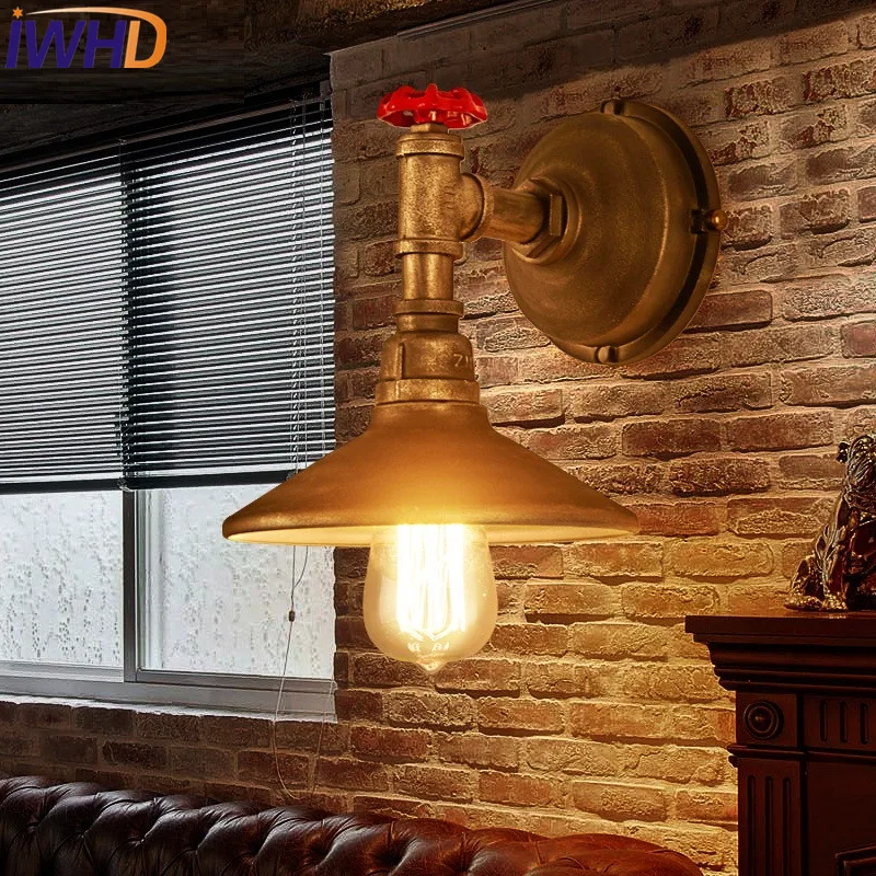 

IWHD Retro Loft Style Antique Water Pipe Lamp Industrial Edison Wall Sconce LED Vintage Wall Light Fixtures Indoor Lighting