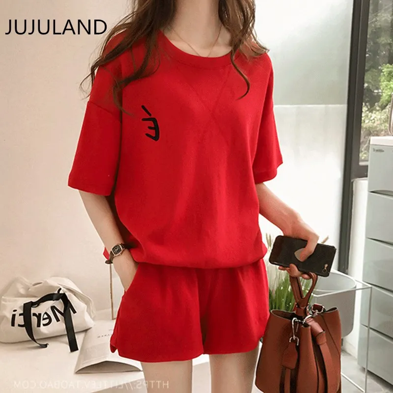 

JUJULAND 2019 summer new two piece set top and shorts short sleeve t shirt o neck solid red gray pink knitting fashion suit