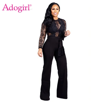 

Adogirl Sheer Lace Patchwork Women Loose Jumpsuit with Belt O Neck Long Sleeve Night Club Romper Wide Leg Pants Overall Playsuit