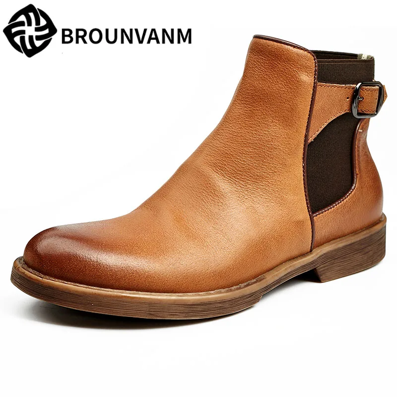 

men Leather boots sleeve retro Riding Chelsea Boots Men's casual shoes are all-match round high for England