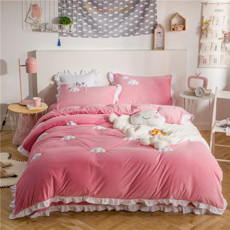

Pink Blue Fleece Winter Bedding Set Twin Queen King Bed Sheet Linens Duvet Cover Bed Set Pillowcase