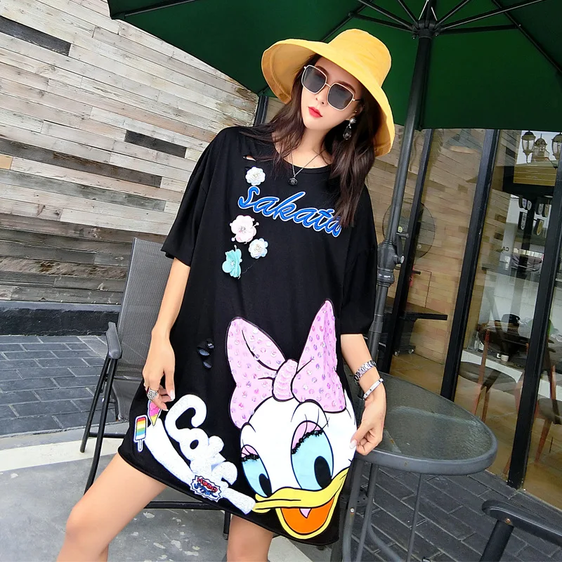 

2019 summer new fashion brand cartoon print sequins, long size loose short-sleeved T-shirts