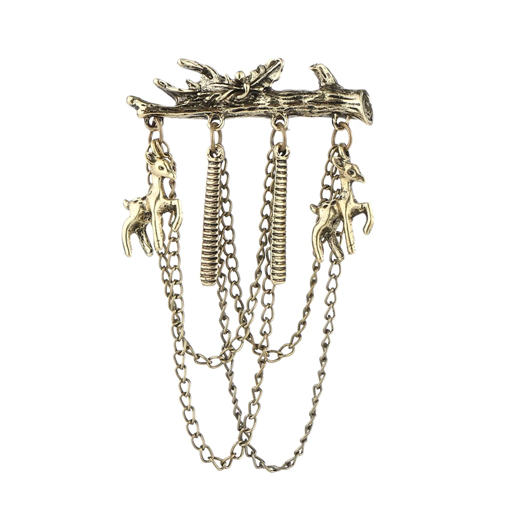 Elegant Deer and Tree Branches Brooch with Hanging Tassel Chain Elegant Lapel Pin for Suit Tuxedo, Christmas Gifts