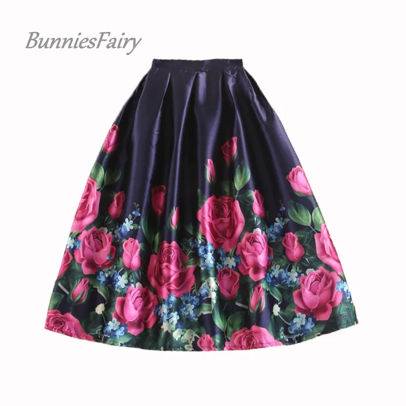 

BunniesFairy Brand 2019 Summer New Elegant Female Skirts Rosy Flower Floral Print High Waist Long Flare Skirt Tutu Saia Feminina