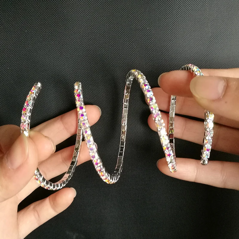 AB Crystal Rhinestone Bangle Bracelets Silver Plated Spiral Upper Arm Bracelet for Women 3 Row Iridescent Color Bracelets Bangle (5)