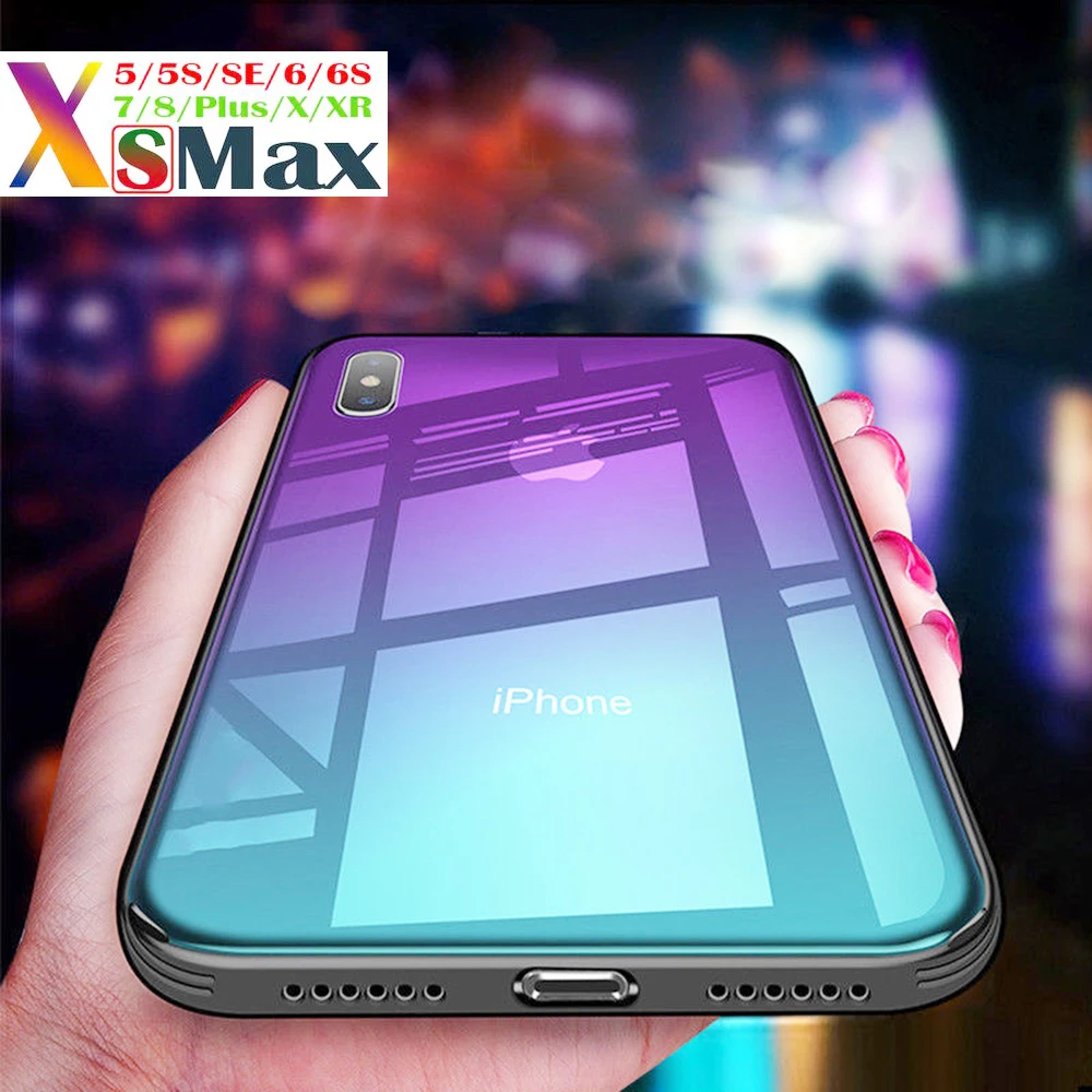 

Vevice For iPhone XS Max X XR 7 8 6 6S Plus Case Tempered Glass Cover Soft TPU Edge Case For iPhone XR XS Max Gradient Coque