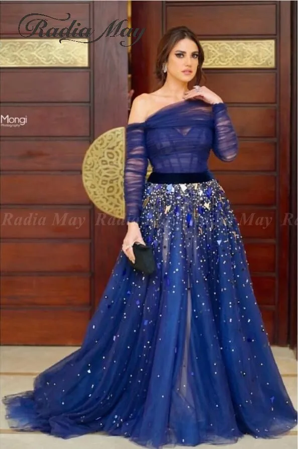 Элегантное платье с открытыми плечами Королевский синий дубайское вечернее платье одежда с длинным рукавом в бусинах и пайетках саудовско-Аравийский длинный Обручение платья для выпускного вечера платья