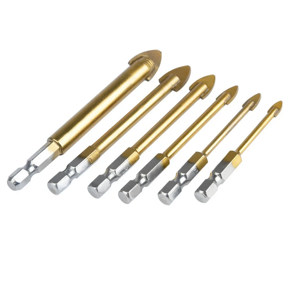 6Pcs Tile Glass Drill Bit Set 4-12mm Spear Head Titanium Coating Hex Shank Drill Bit for Glass Tile Ceramic Porcelain Marble