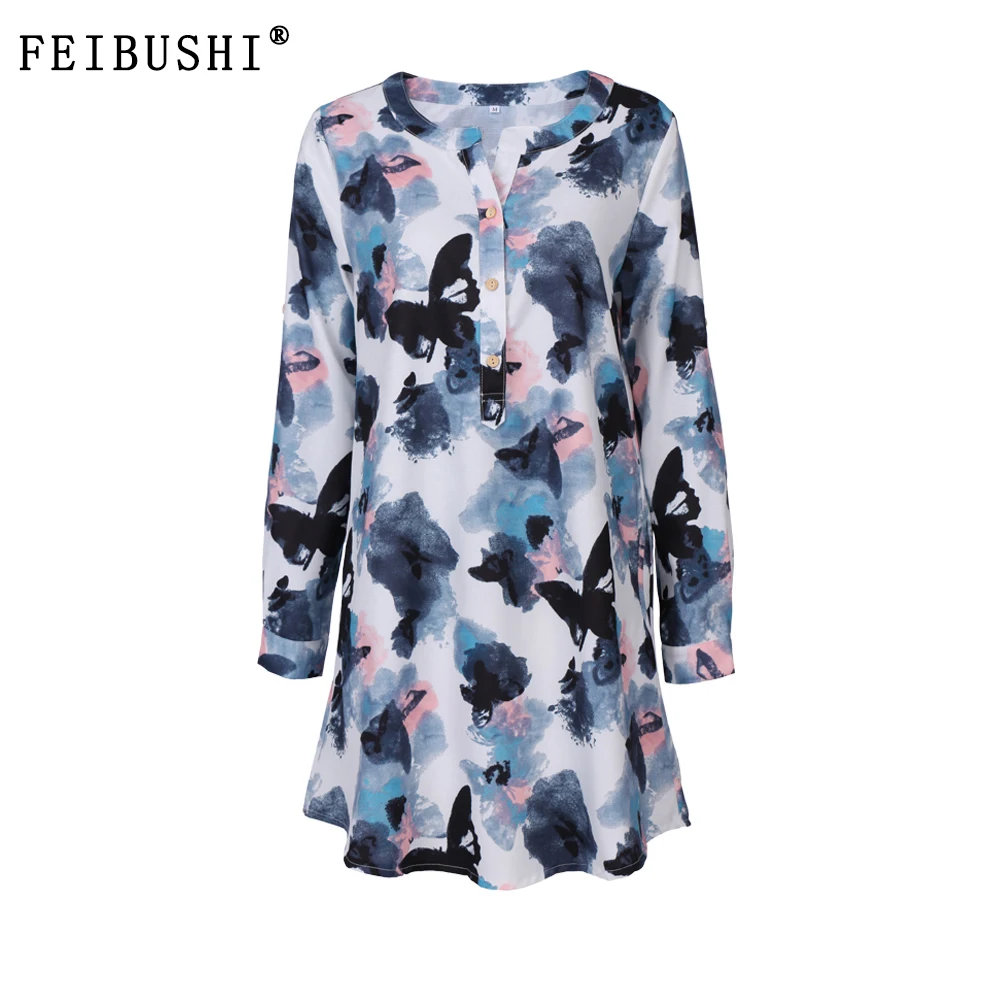 FEIBUSHI White Butterfly Flower Long Sleeve Blouse Summer Women Chiffon Blouse Floral Print Long Tops Shirts Plus Size 5033