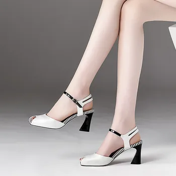 

YMECHIC Black White Genuine Leather High Heels Peep Toe Ladies Party Wedding Office Sandals Striped Summer 2018 Womens Sandals