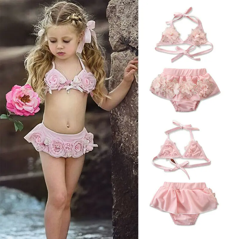 

1-6Y Toddler Infant Kid Baby Girl Bikini Sets Belt Flowers Bandage Pink Tankini Swimwear Swimsuit Bikini Beachwear