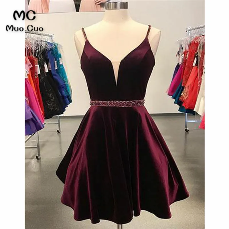 Simple A-Line Spaghetti Straps Burgundy Short Homecoming Dress with Beading54