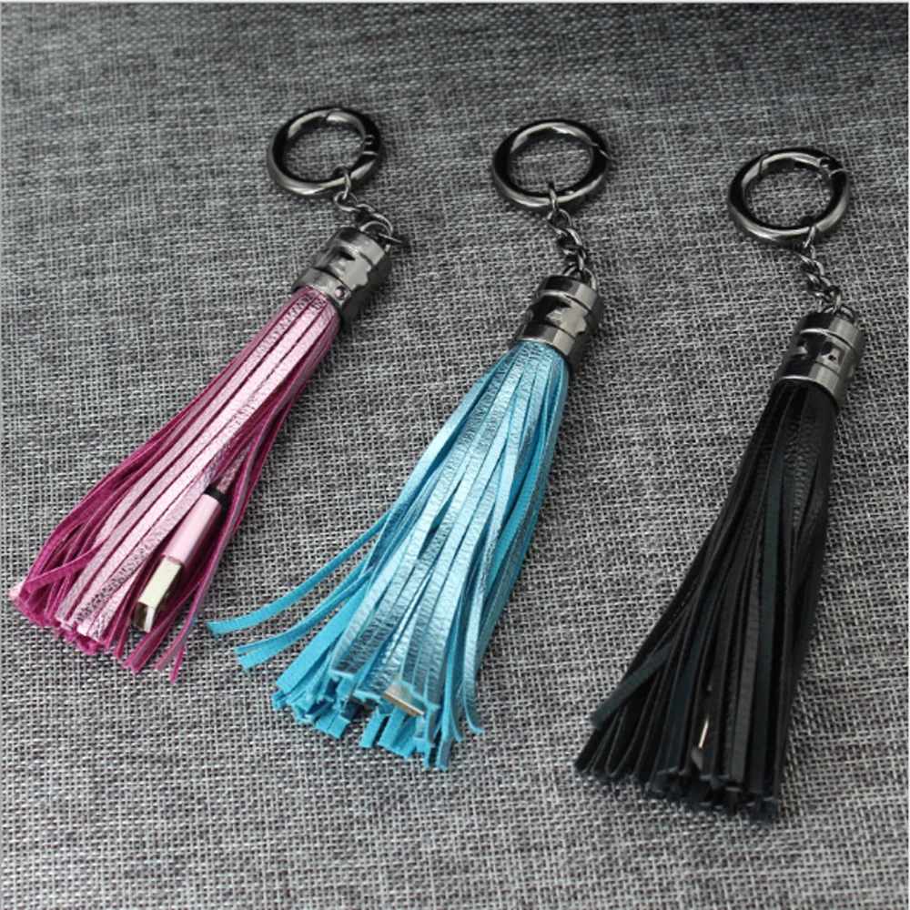 

10PCS USB Cable Leather tassel Keychain mini USB Cable fast charger Metal keyring Data cable cord charging for iph for Android