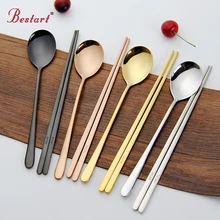 Золотой 18/10 корейский нержавеющей стали еды палочки для еды ложка набор с длинной ручкой плоские Нескользящие палочки для еды десертные ложки, столовая посуда набор