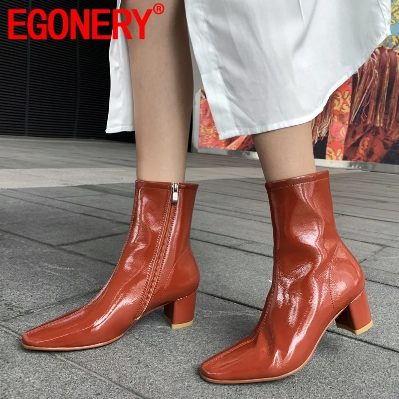 

EGONERY woman shoes 2019 winter new fashion sexy square toe patent leather ankle boots outside high heels shoes drop shipping