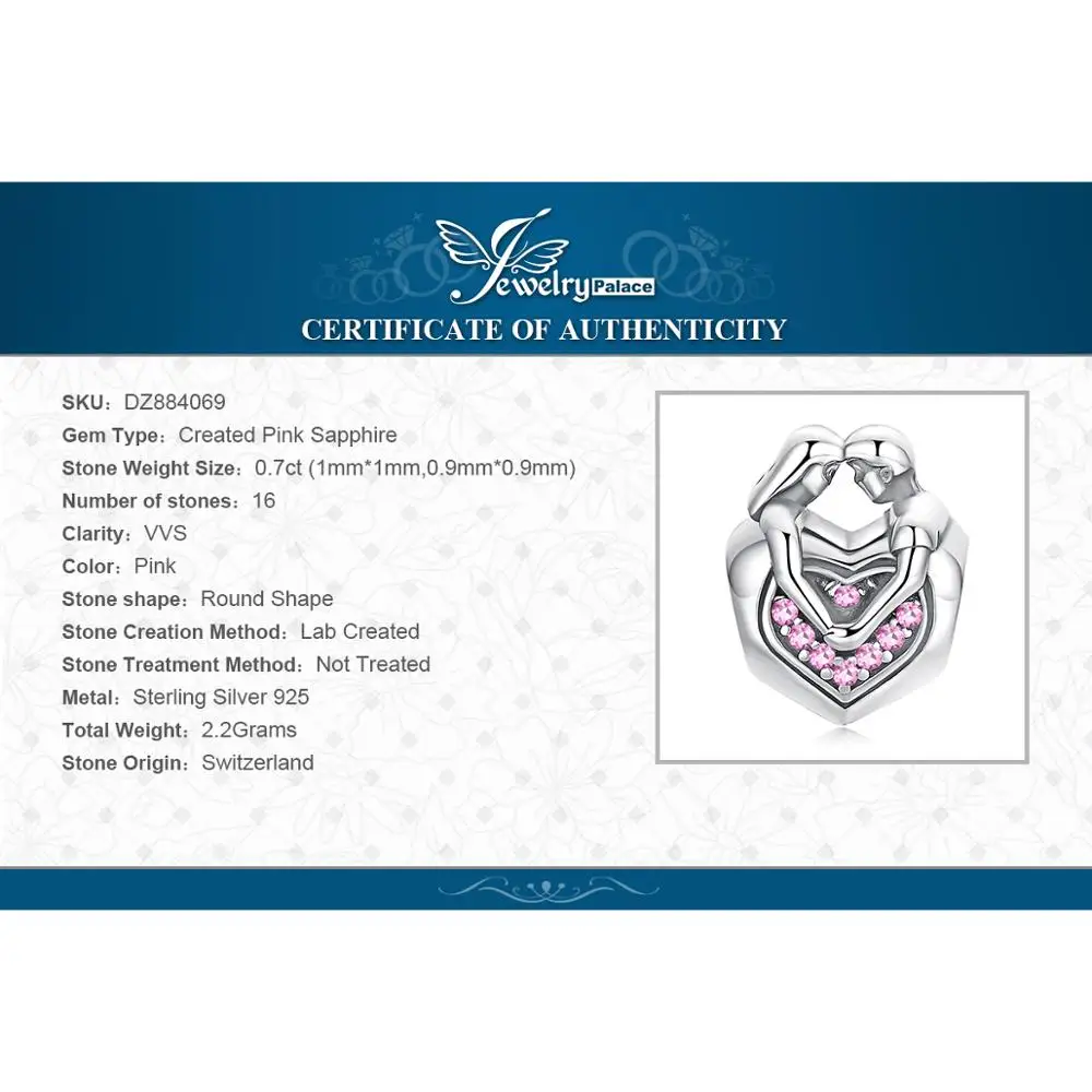 JewelryPalace верной любви Искусственный розовый сапфир 925 пробы серебряные бисерные Подвески Fit Браслеты Мода пара ювелирных изделий