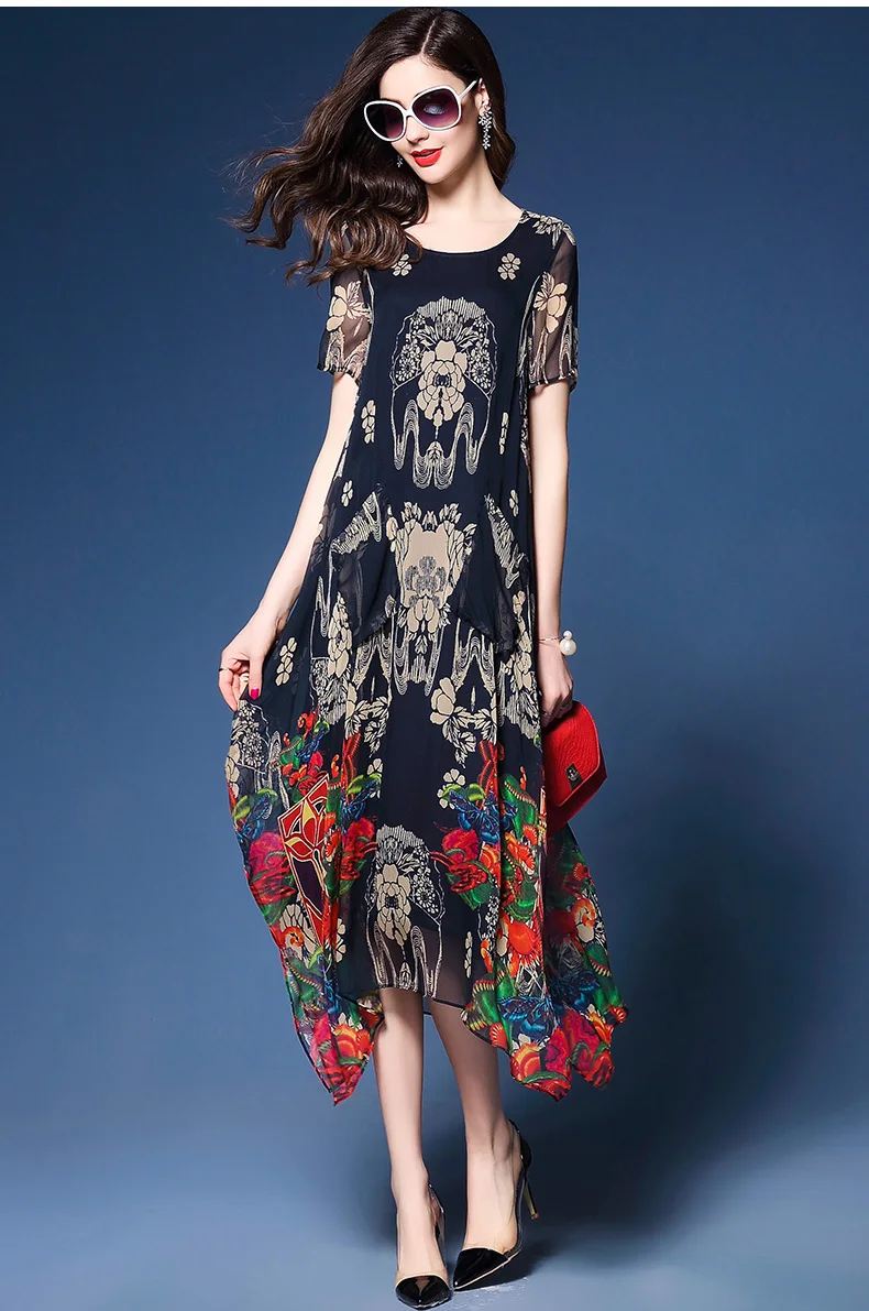 Elegant Floral Print Short Sleeve Loose O-neck Chiffon Dress
