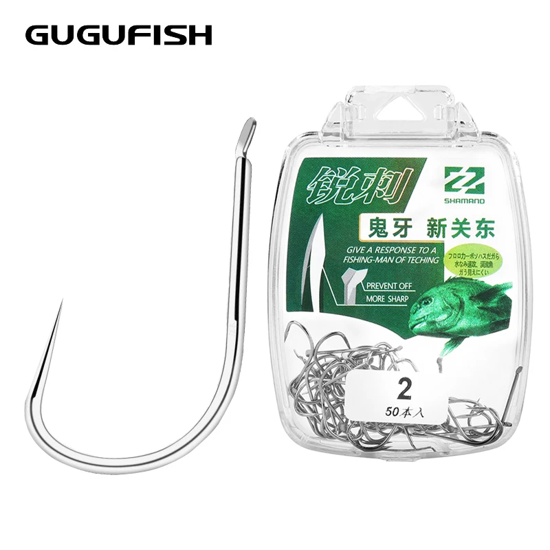 GUGUFISH 50 قطعة/صندوق SHINKANTOSURE الأسود عالية الكربون الصلب الصيد السنانير #1-#5 هوك sharp دائم Pesca صندوق معالجة الصيد