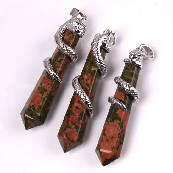 Natural Gnergy Gemstone~ Silver Plated Amethysts Rose Pink Quartz Opalite Opal Stone Hexagon Prism Wrapped Snake Pendant Charm Jewelry 9 AA00201010304b