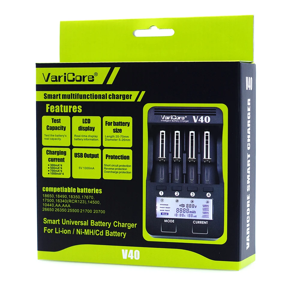 

VariCore V40 V20i V10 U4 18650 Charger 1.2V 3.7V 3.2V AA18350 26650 10440 16340 NiMH lithium battery Charger EU/US 5V 2A Plug