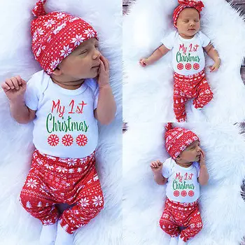 

Christmas Baby Girls Print Tops Romper Pants Legging Hat Xmas Outfit Set Clothes