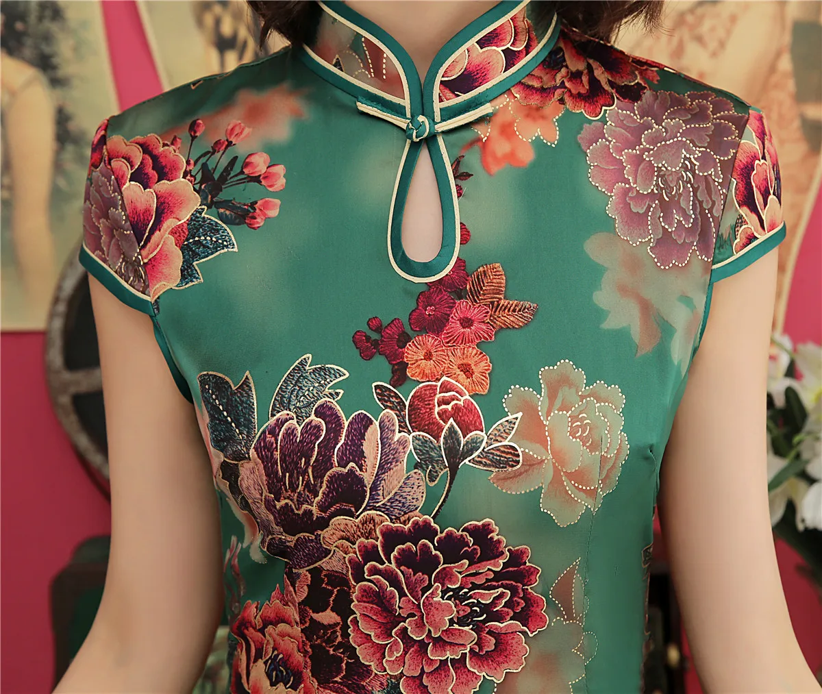 Шанхай история Цветочные бронзовое китайское платье Ципао по колено Qipao для женщин
