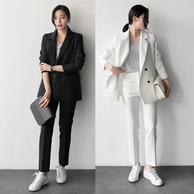 

2019 Fashion Work Pant Suits Women 2 Piece Set Double Breasted Striped Blazer Jacket Trouser Office Lady Suit