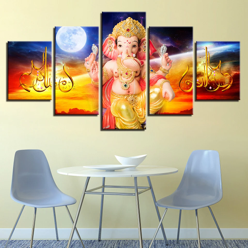 Modern Prints Decor Living Room 5 Pieces India Religion Ganesha Elephant God Framework Pictures Modular Canvas Painting Wall Art | Дом и сад