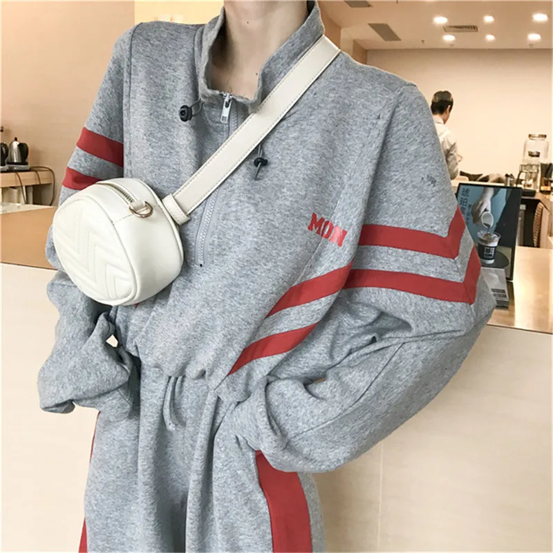 gray tops Корейский комплект из 2 предметов, женская одежда, Harajuku, свободная молния, отложной воротник, длинный рукав, боковые полосы, шаровары, штаны, спортивные костюмы, B092 - Цвет: gray tops