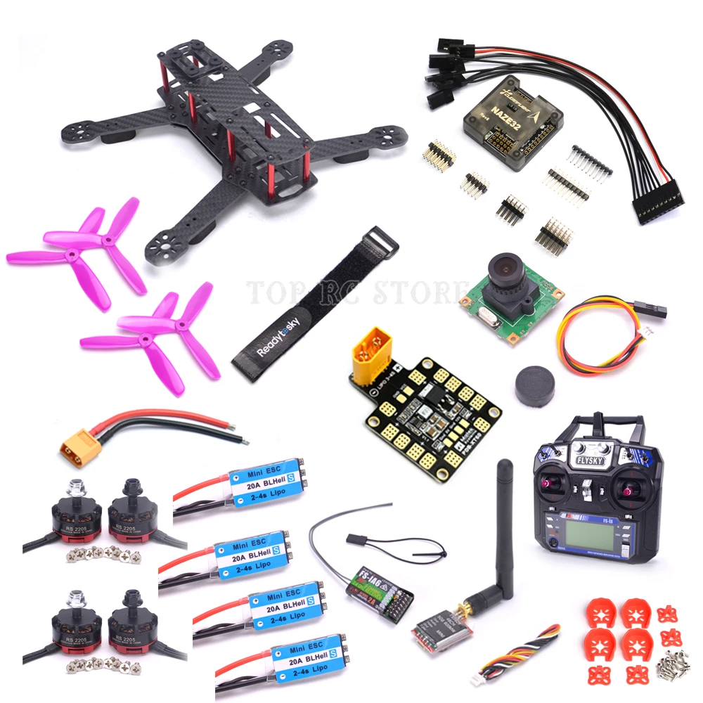 

ZMR250 250 carbon fiber quadcopter frame Naze32 6DOF flight controller RS2205 2300kv motor BLHeli-s 20A ESC 2-4S Flysky FS-I6 I6