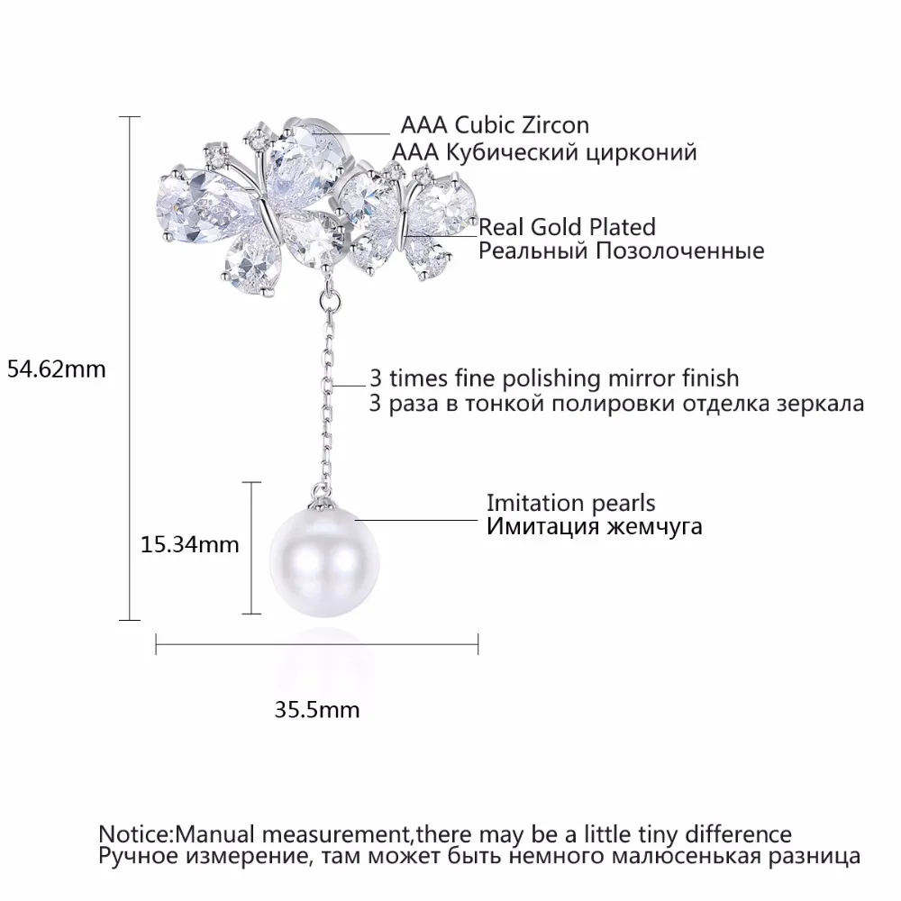 LUOTEEMI, новинка, яркий CZ Кристалл, бабочка с созданным Белым Круглым жемчугом, капля, модная брошь, булавка для женщин, свадебные украшения, подарок