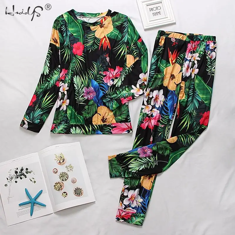

Autumn Winter Floral Pajamas Set Women's Long Sleeve Round Neck Loose Soft Plus Size Pyjamas women sleepwear Female Homewear