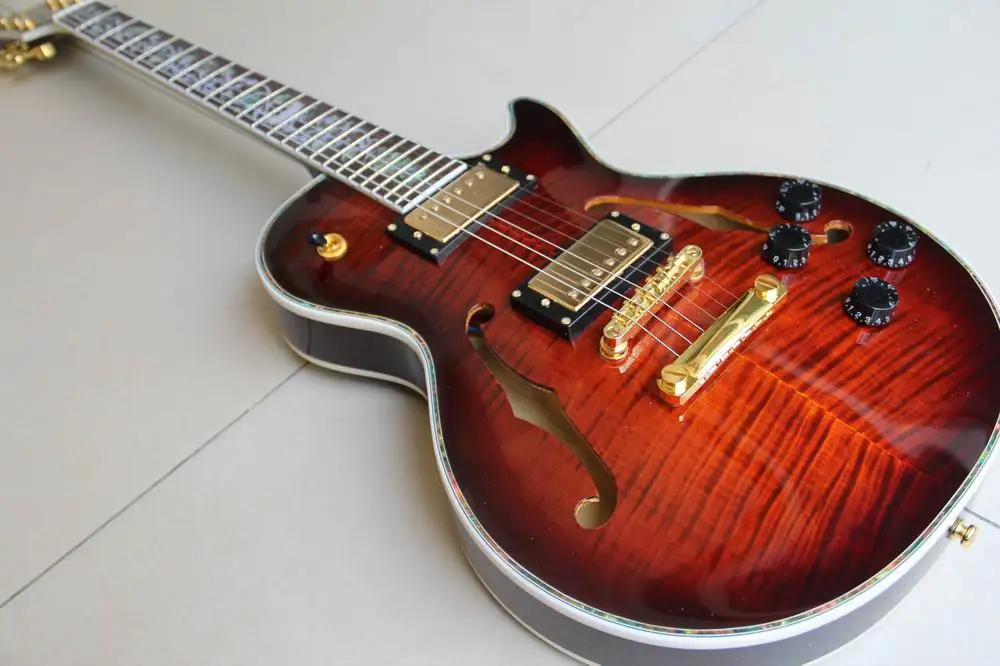 

New Arrival custom shop small Jazz electric guitar with abalone flower of life inlay one piece neck in deep brown 120510