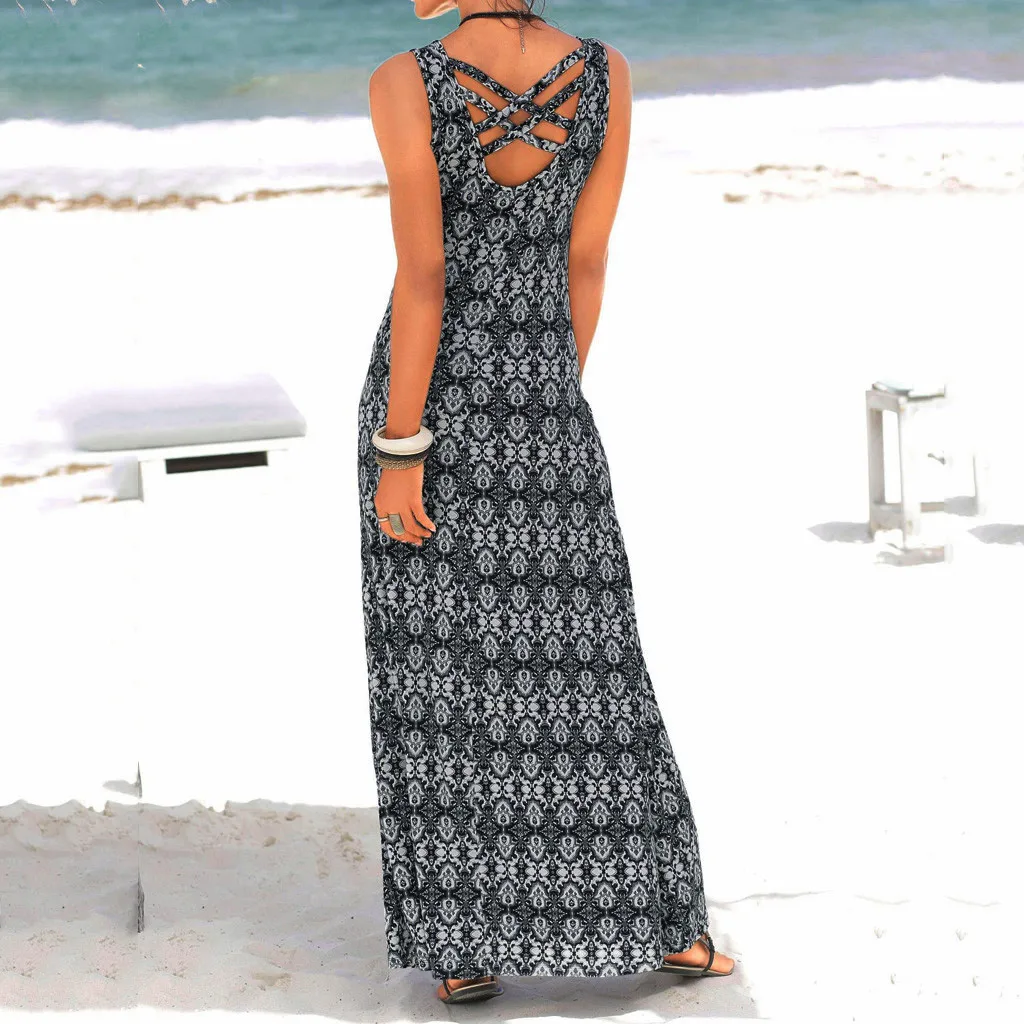 Summer Bohemian Print Long Dress Women Halter Neck Boho Print Sleeveless Casual Mini Beachwear Dress Sundress ropa mujer#C
