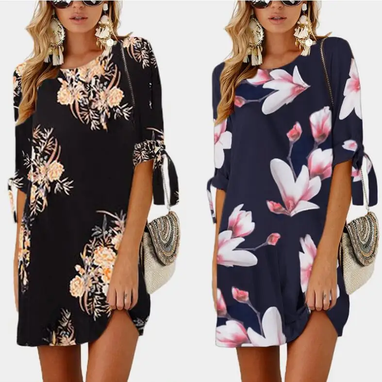 Women Summer Dress Spring Flare Three Quarter Sleeve Dress Casual O