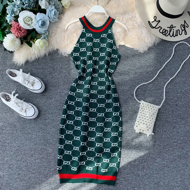 

Vintage Slim Letter Print Halter Neck Bodycon Knit Midi Dress Summer Party Tank Sundress Women Casual Sheath Vestidos