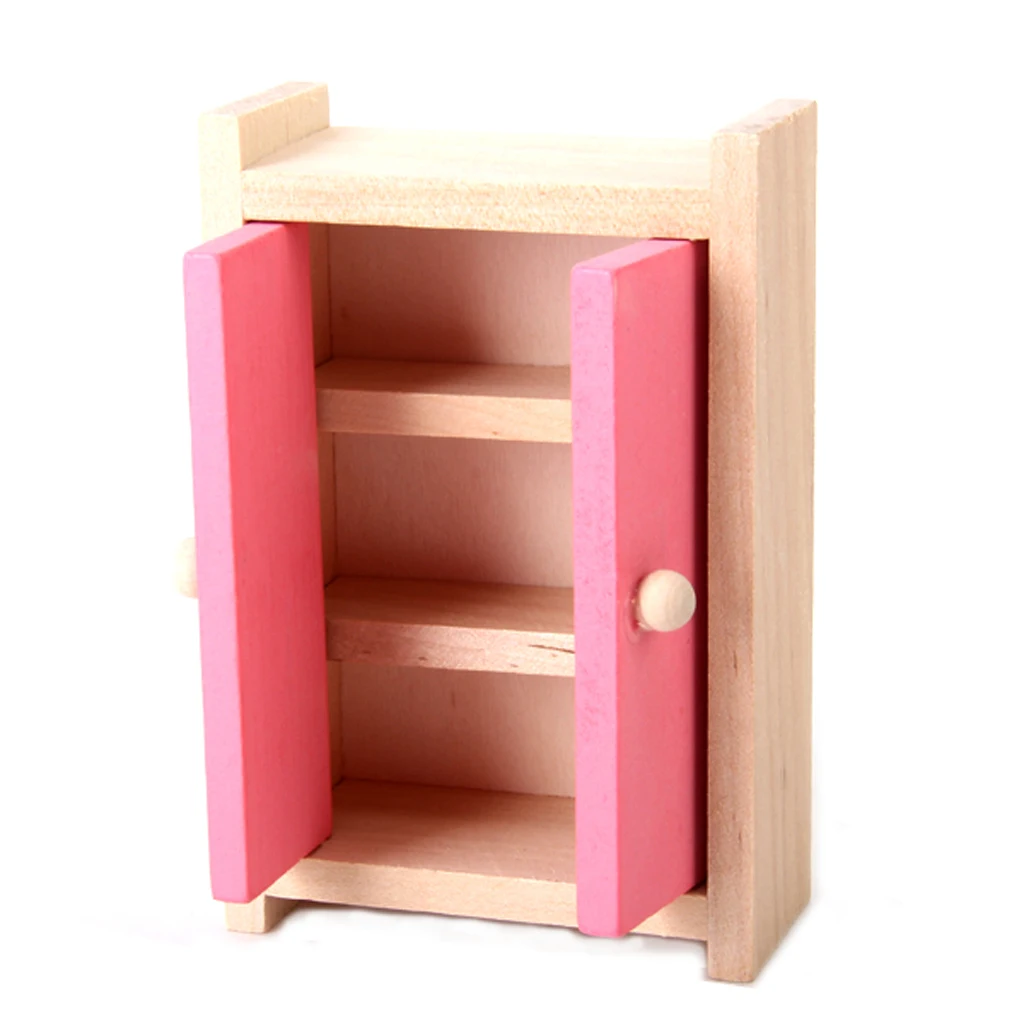 1:12 Scale Wooden Dollhouse Furniture Bedroom Bed Pillow Wardrobe Bedside Set Pink House Dolls Accs Kids Pretend Play Toys