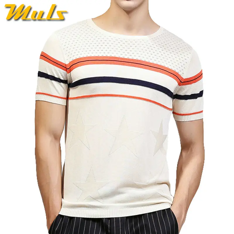 

Male T-shirt O neck knitted summer short striped Cool breathable Tshirt men brand clothing man fitted size M-3XL MS1778