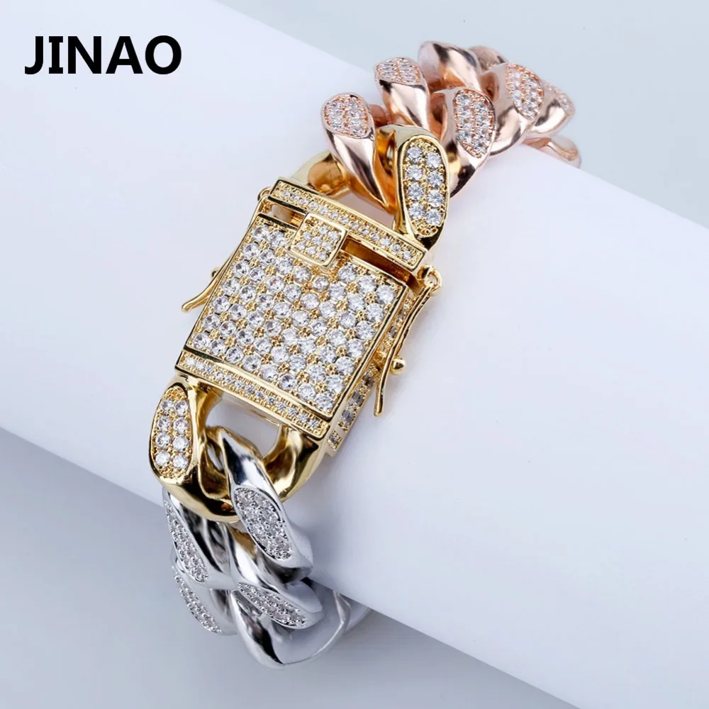 

18mm Miami Tricolor Curb Cuban Bracelet For Men Gold Silver color Hip Hop Iced Out Paved Rhinestones CZ Rapper Bracelet Jewelry