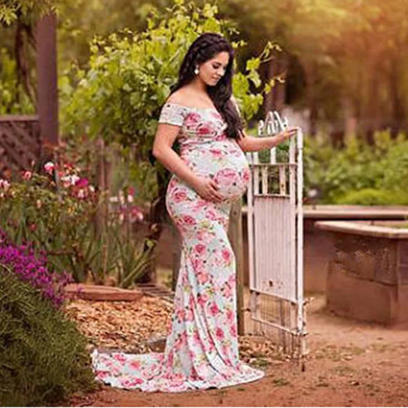 

Shoulderless Fishtail Maternity Dress For Photo Shoot Maternity Photography Props Floral Pregnancy Maxi Dress Gown For Pregnant