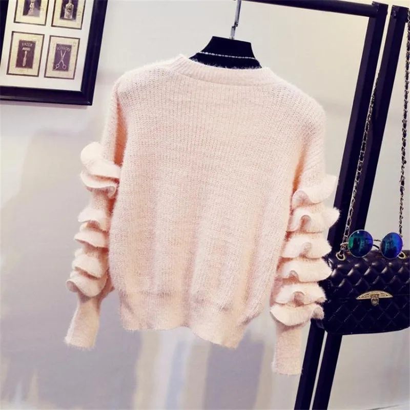 LUO SHA, женский свитер, пуловеры, длинный рукав, вязаный пуловер, свитер с оборками, женские свитера и пуловеры, Pull Femme MancheLongue