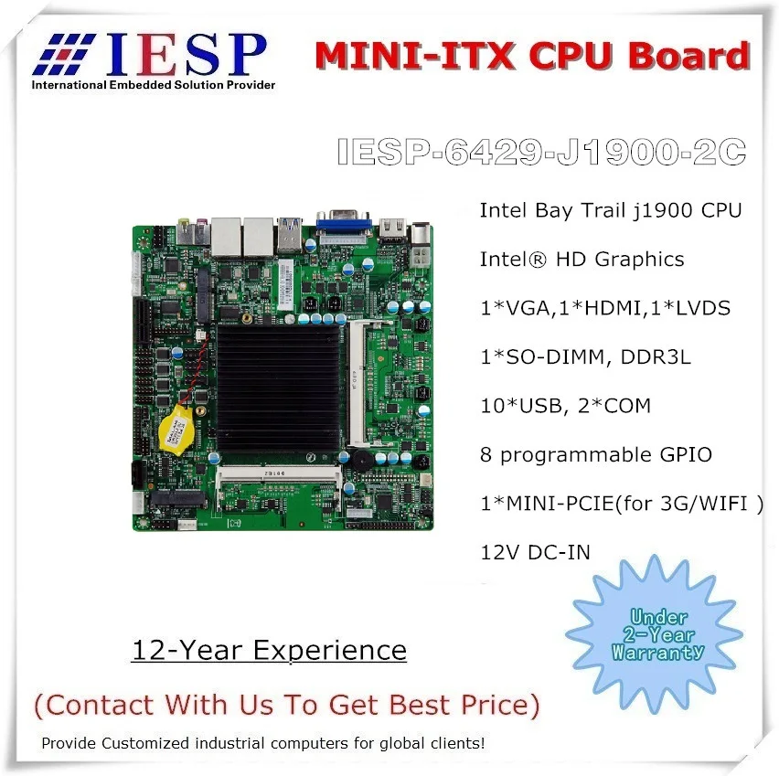 J1900 (2,0 ГГц, 10 Вт, 4 ядра) MINI-ITX Встраиваемые материнские платы, 1 * GLAN, 2 * RS232, 8 x USB2.0, VGA, HDMI, J1900 материнская плата