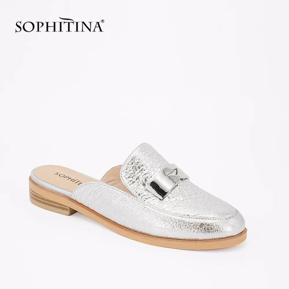 

SOPHITINA Genuine Leather Mules Silver Cow Leather Elegant Round Toe Flats 2019 Fashion Metal Decoration Casual Women Shoes P53