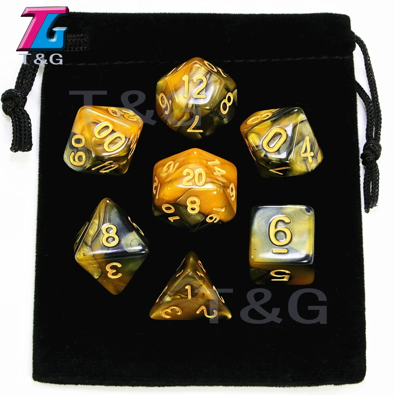 7 pcs кости с сумкой D& D d4, d6, d8, d10, d%, d12, d20 многогранные Настольная игра штук ролевой игры - Цвет: 06 Gold